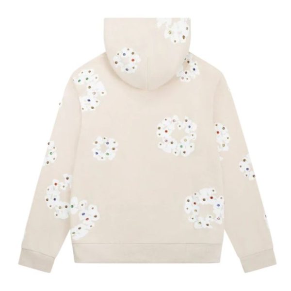 Rhinestone Cotton Wreath Zip Hoodie Oatmeal